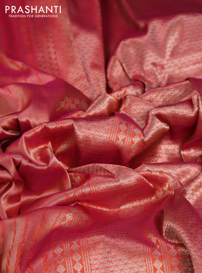 Banarasi katan tissue silk saree dual shade of orange with plain body and long temple design zari woven border