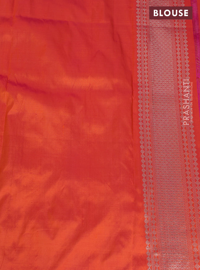 Banarasi katan tissue silk saree dual shade of orange with plain body and long temple design zari woven border