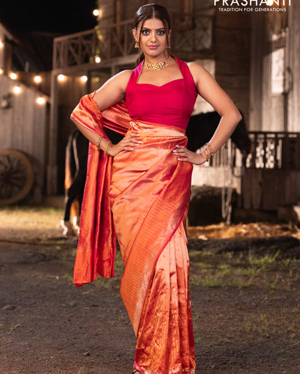 Banarasi katan tissue silk saree dual shade of orange with plain body and long temple design zari woven border