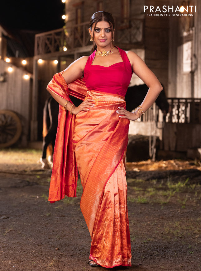 Banarasi katan tissue silk saree dual shade of orange with plain body and long temple design zari woven border