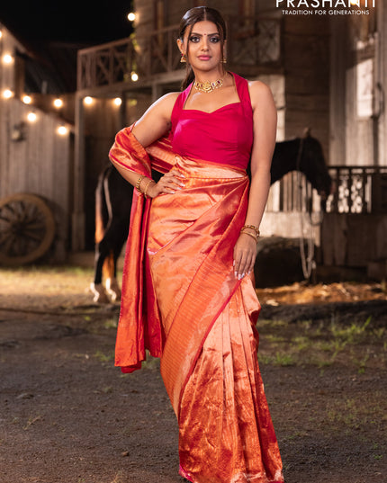 Banarasi katan tissue silk saree dual shade of orange with plain body and long temple design zari woven border