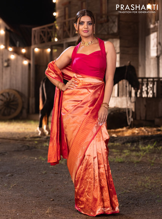 Banarasi katan tissue silk saree dual shade of orange with plain body and long temple design zari woven border