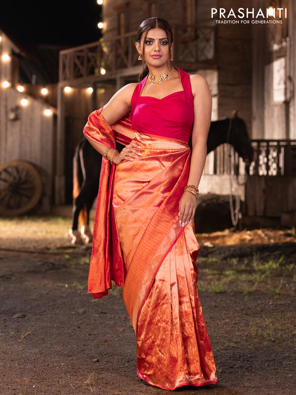 Banarasi katan tissue silk saree dual shade of orange with plain body and long temple design zari woven border