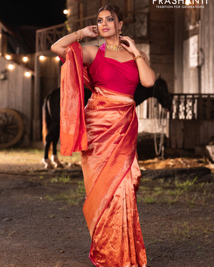 Banarasi katan tissue silk saree dual shade of orange with plain body and long temple design zari woven border