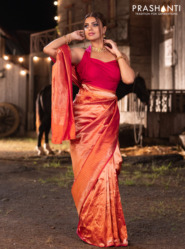 Banarasi katan tissue silk saree dual shade of orange with plain body and long temple design zari woven border