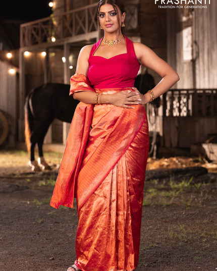 Banarasi katan tissue silk saree dual shade of orange with plain body and long temple design zari woven border