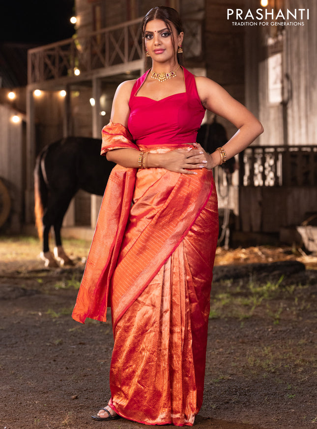 Banarasi katan tissue silk saree dual shade of orange with plain body and long temple design zari woven border