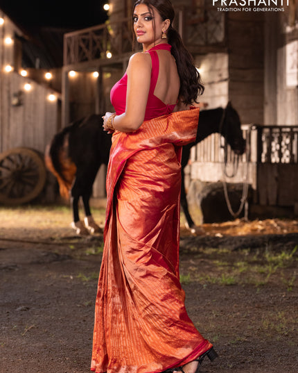 Banarasi katan tissue silk saree dual shade of orange with plain body and long temple design zari woven border