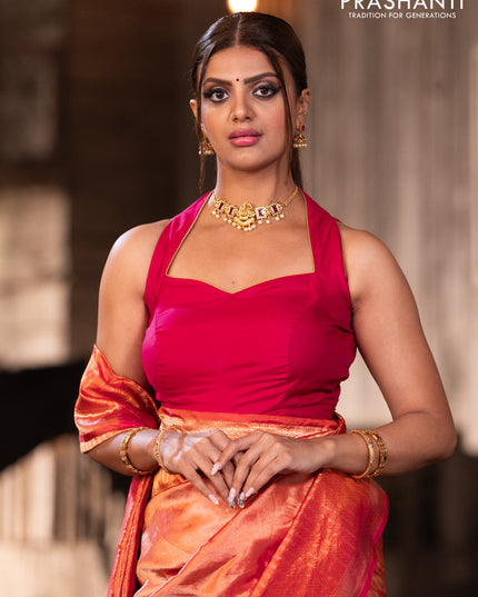 Banarasi katan tissue silk saree dual shade of orange with plain body and long temple design zari woven border