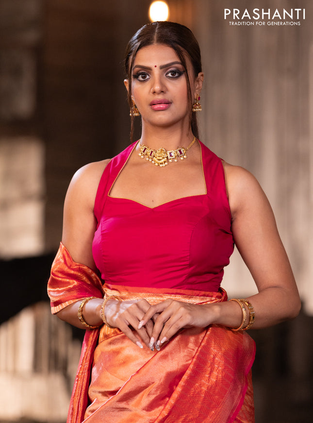 Banarasi katan tissue silk saree dual shade of orange with plain body and long temple design zari woven border