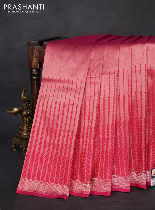 Banarasi katan tissue silk saree dual shade of pink with plain body and long temple design zari woven border