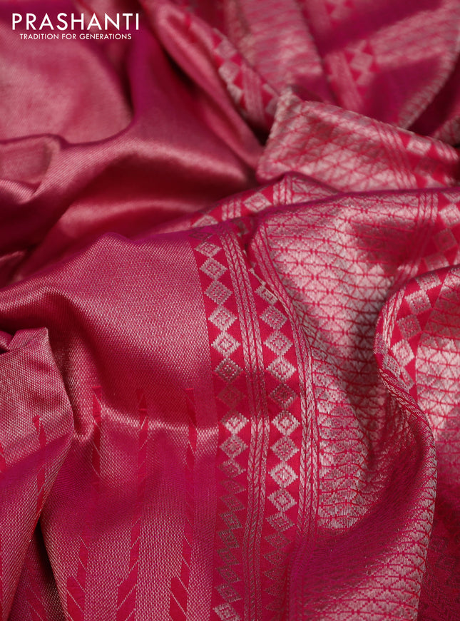 Banarasi katan tissue silk saree dual shade of pink with plain body and long temple design zari woven border
