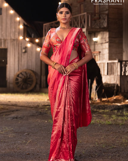 Banarasi katan tissue silk saree dual shade of pink with plain body and long temple design zari woven border