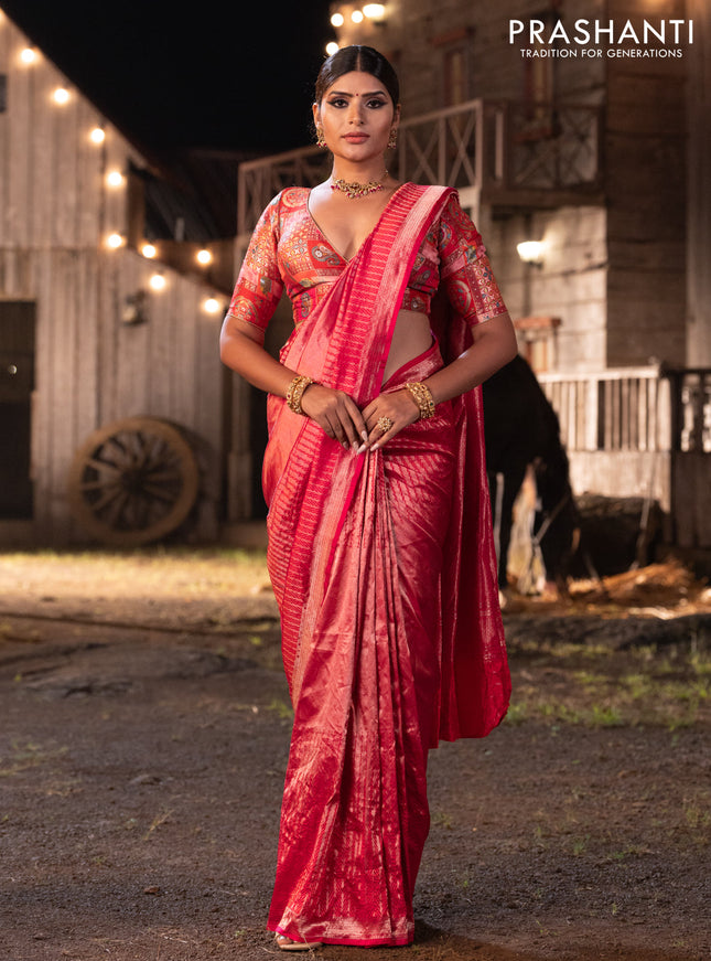 Banarasi katan tissue silk saree dual shade of pink with plain body and long temple design zari woven border