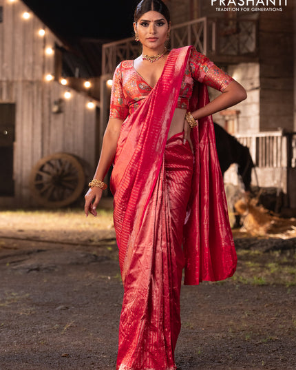 Banarasi katan tissue silk saree dual shade of pink with plain body and long temple design zari woven border