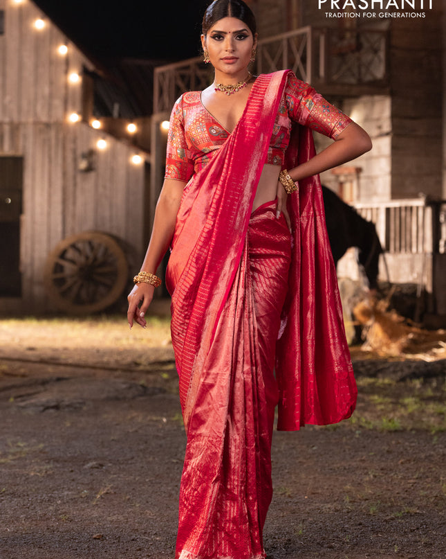 Banarasi katan tissue silk saree dual shade of pink with plain body and long temple design zari woven border