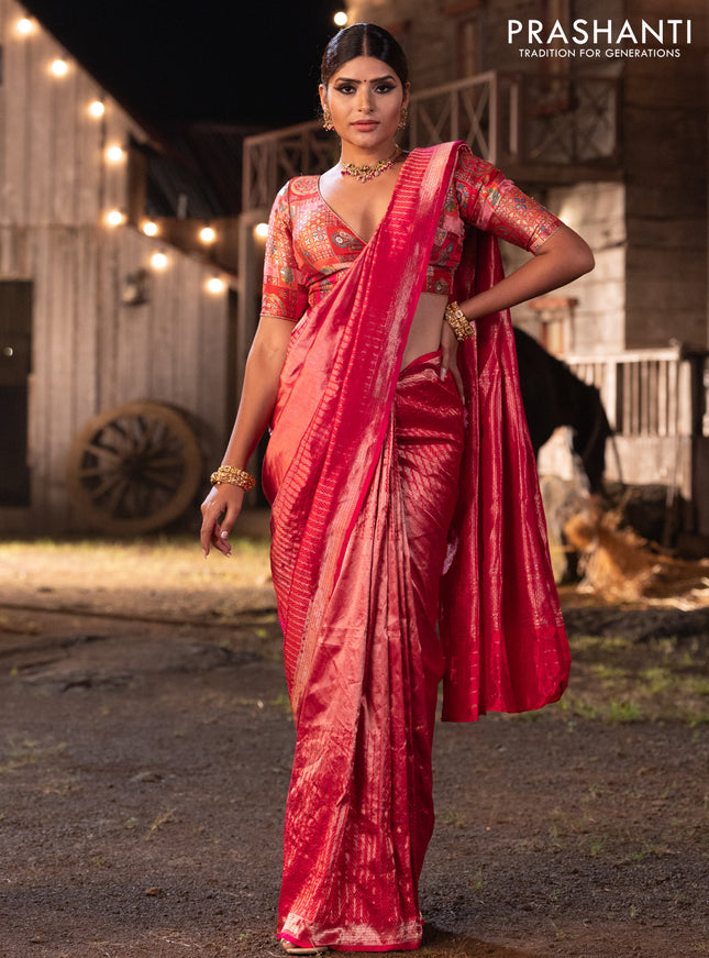 Banarasi katan tissue silk saree dual shade of pink with plain body and long temple design zari woven border