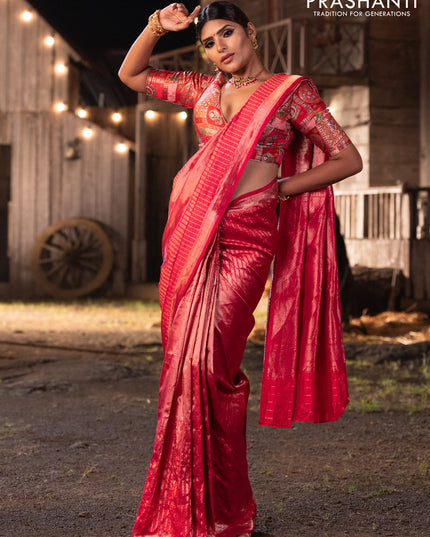 Banarasi katan tissue silk saree dual shade of pink with plain body and long temple design zari woven border