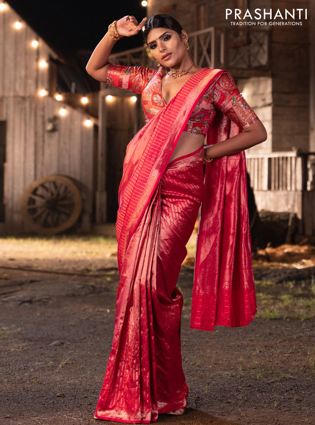 Banarasi katan tissue silk saree dual shade of pink with plain body and long temple design zari woven border