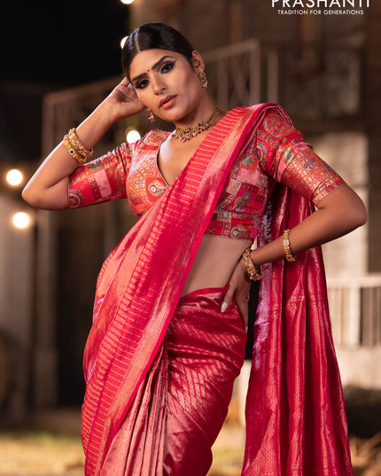 Banarasi katan tissue silk saree dual shade of pink with plain body and long temple design zari woven border