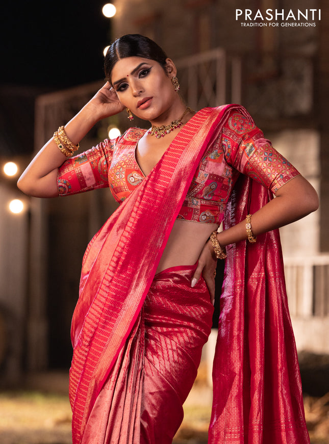 Banarasi katan tissue silk saree dual shade of pink with plain body and long temple design zari woven border