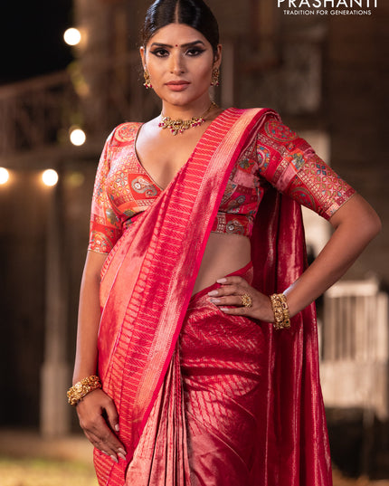 Banarasi katan tissue silk saree dual shade of pink with plain body and long temple design zari woven border