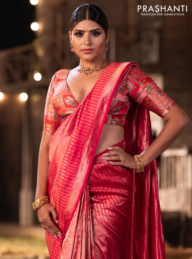 Banarasi katan tissue silk saree dual shade of pink with plain body and long temple design zari woven border