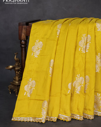 Banarasi silk saree lime yellow with floral zari woven buttas and beaded work border