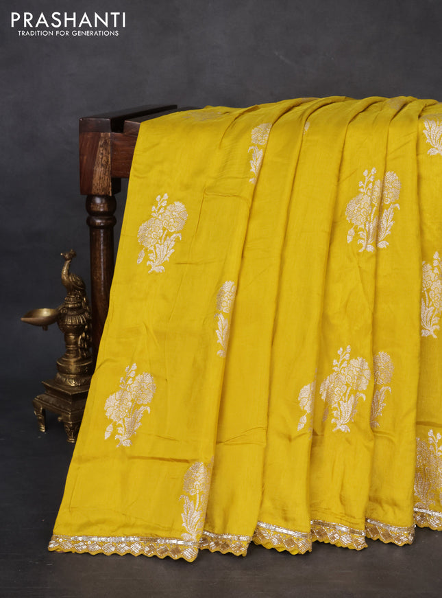 Banarasi silk saree lime yellow with floral zari woven buttas and beaded work border