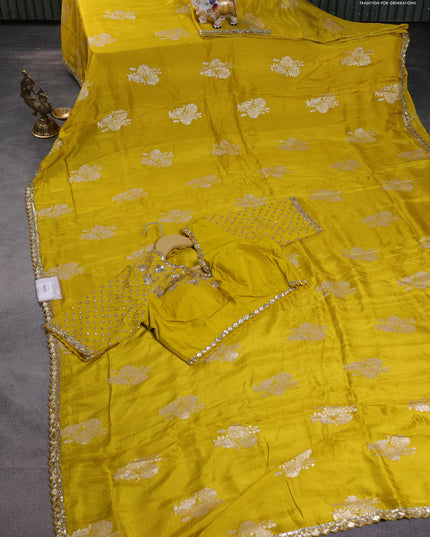 Banarasi silk saree lime yellow with floral zari woven buttas and beaded work border