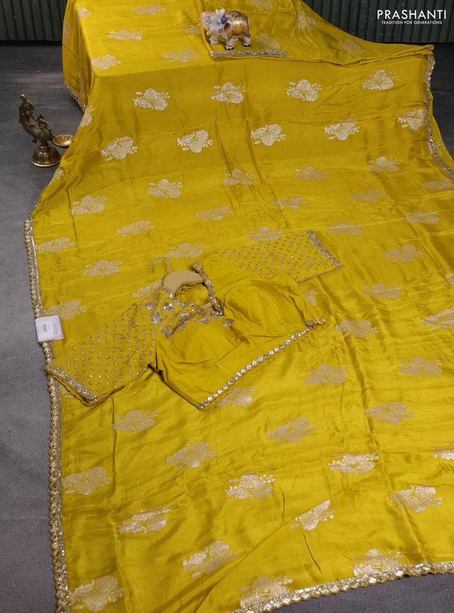 Banarasi silk saree lime yellow with floral zari woven buttas and beaded work border
