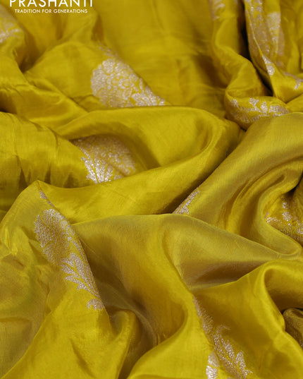 Banarasi silk saree lime yellow with floral zari woven buttas and beaded work border