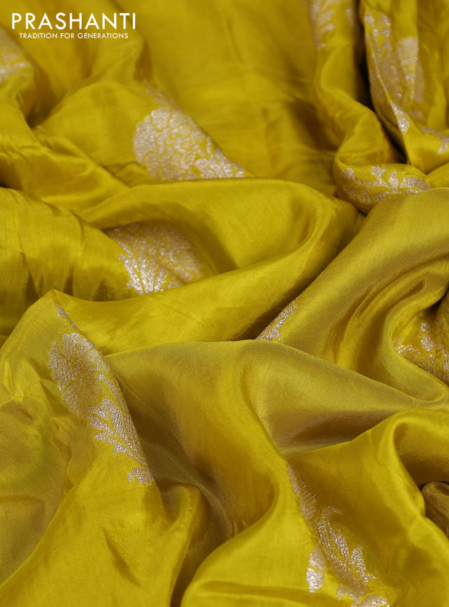 Banarasi silk saree lime yellow with floral zari woven buttas and beaded work border
