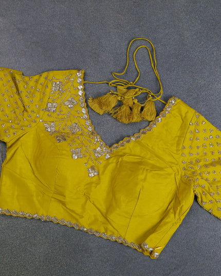 Banarasi silk saree lime yellow with floral zari woven buttas and beaded work border