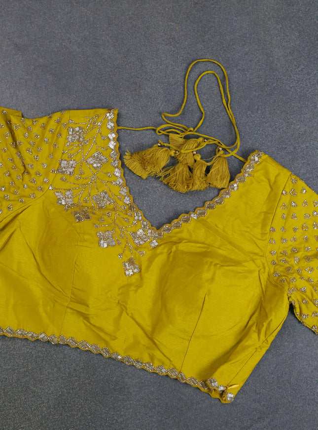 Banarasi silk saree lime yellow with floral zari woven buttas and beaded work border