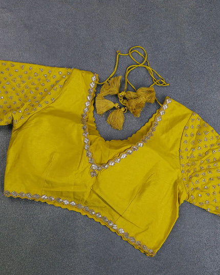 Banarasi silk saree lime yellow with floral zari woven buttas and beaded work border