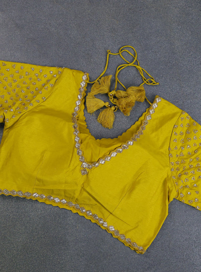 Banarasi silk saree lime yellow with floral zari woven buttas and beaded work border