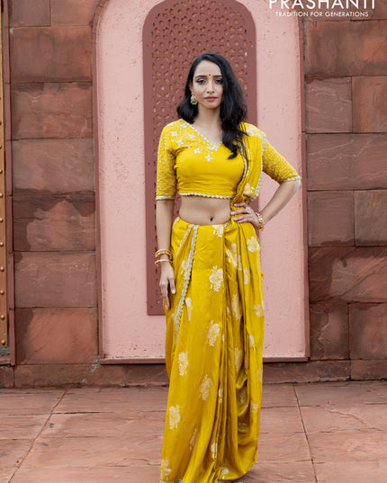 Banarasi silk saree lime yellow with floral zari woven buttas and beaded work border