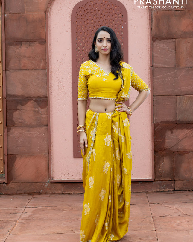 Banarasi silk saree lime yellow with floral zari woven buttas and beaded work border