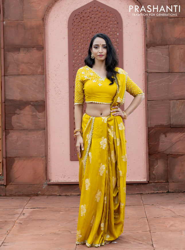 Banarasi silk saree lime yellow with floral zari woven buttas and beaded work border