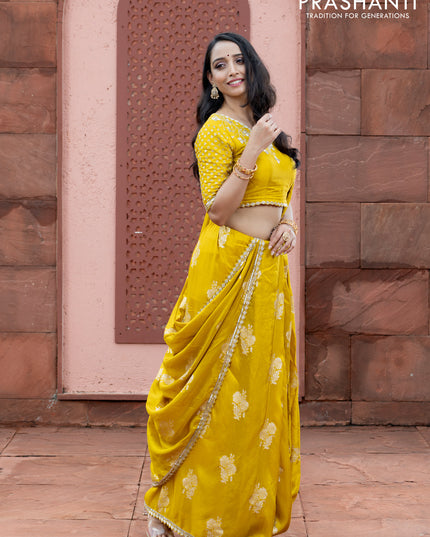 Banarasi silk saree lime yellow with floral zari woven buttas and beaded work border