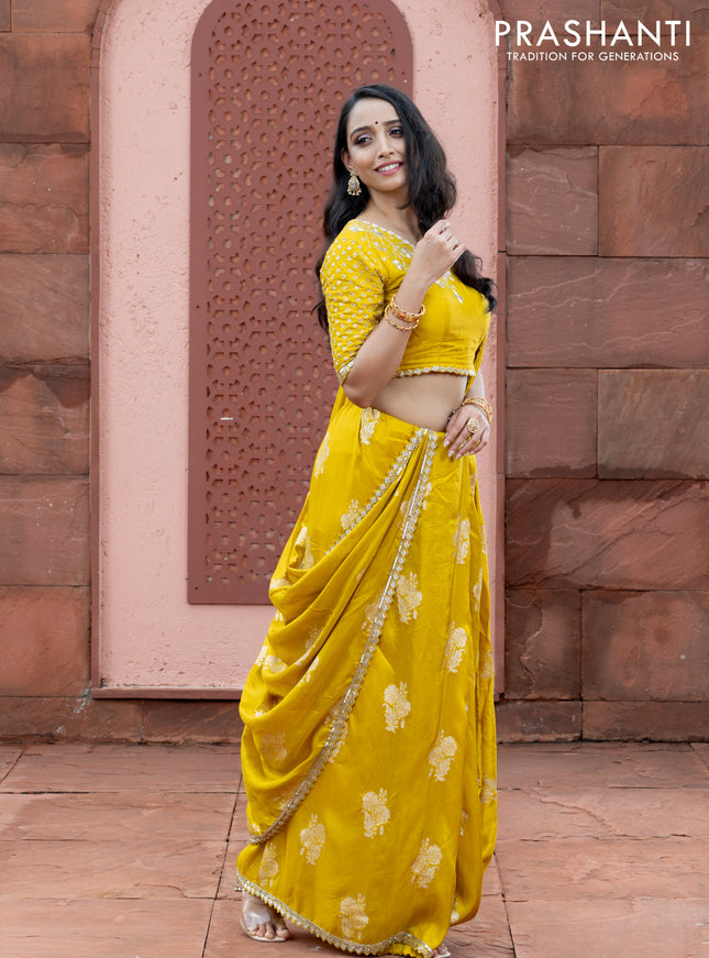 Banarasi silk saree lime yellow with floral zari woven buttas and beaded work border