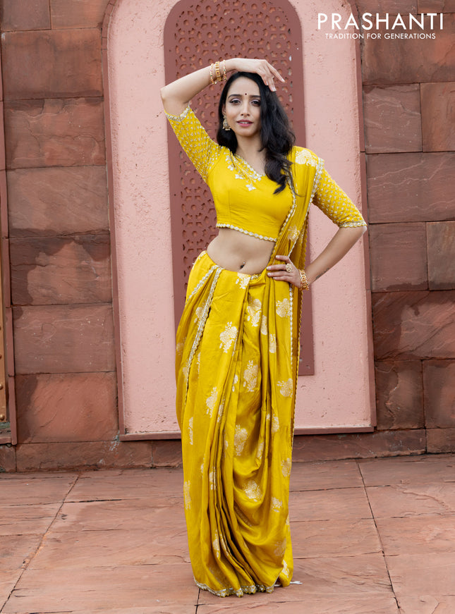 Banarasi silk saree lime yellow with floral zari woven buttas and beaded work border