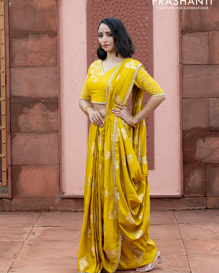 Banarasi silk saree lime yellow with floral zari woven buttas and beaded work border