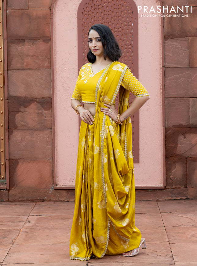 Banarasi silk saree lime yellow with floral zari woven buttas and beaded work border