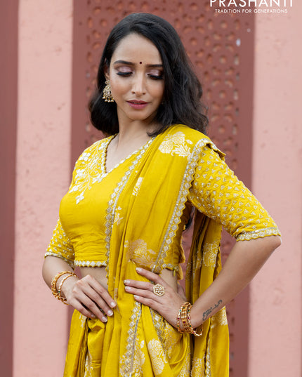 Banarasi silk saree lime yellow with floral zari woven buttas and beaded work border