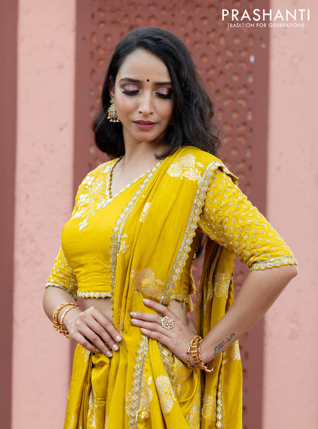 Banarasi silk saree lime yellow with floral zari woven buttas and beaded work border