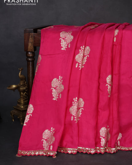 Banarasi silk saree pink with floral zari woven buttas and beaded work border