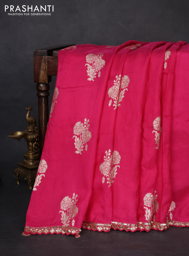 Banarasi silk saree pink with floral zari woven buttas and beaded work border