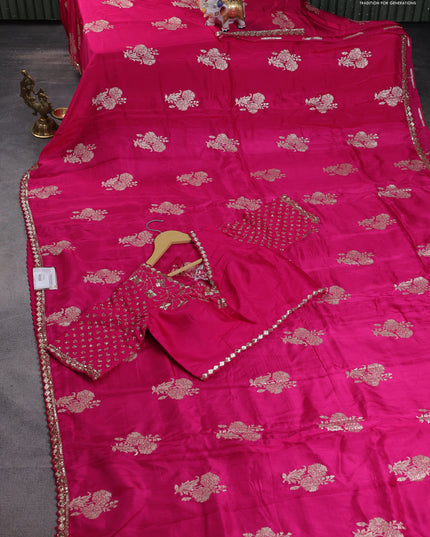Banarasi silk saree pink with floral zari woven buttas and beaded work border